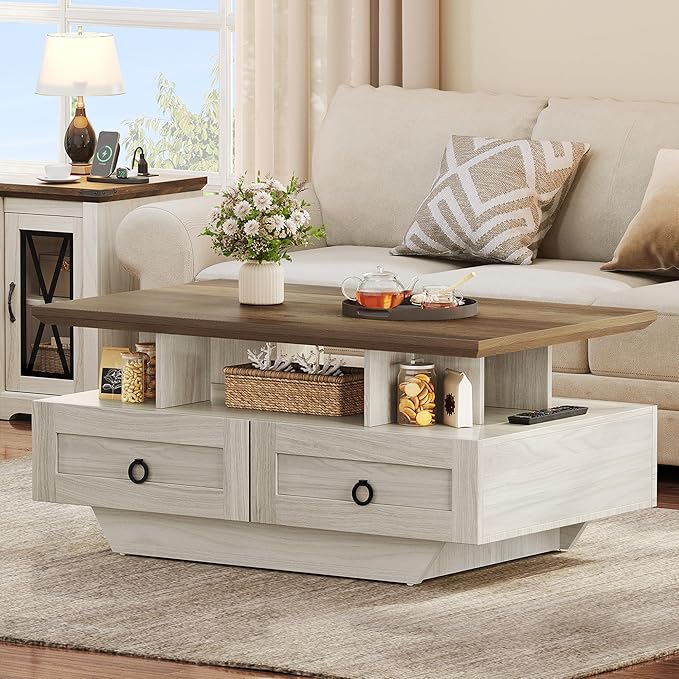 YITAHOME Farmhouse LED Coffee Table with Storage 4 Drawers, Wood Coffee Tables for Living Room, 2 Tiers Open Display Area with Metal Chic Handles, Industrial Cocktail Center Table, Brown and Oak