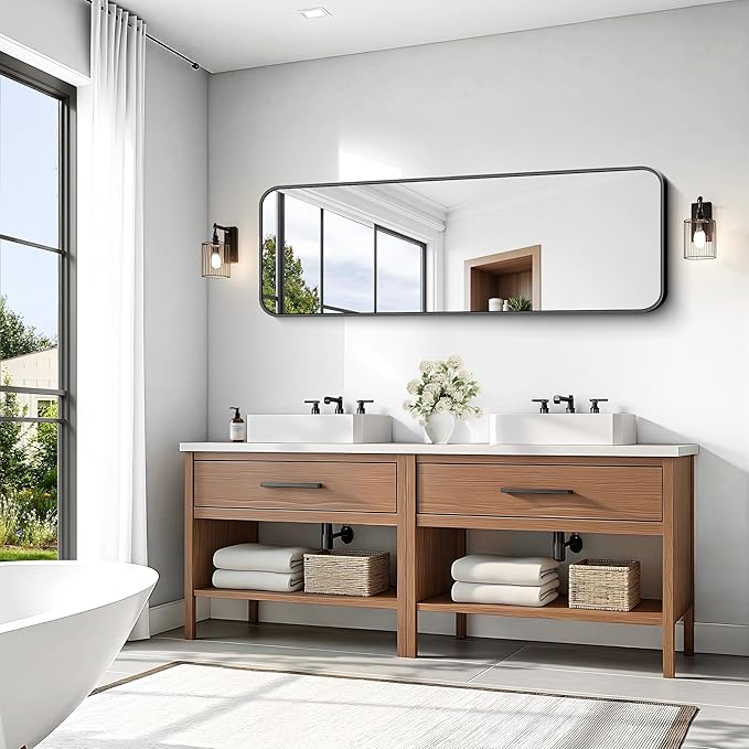 KOCUUY Black Bathroom Mirror 60"x20", Large Vanity Mirror with Rounded Corner, Metal Black Frame with Mordern Design for Bathroom, Living Room, Entryway, Hang Horizontal/Vertical
