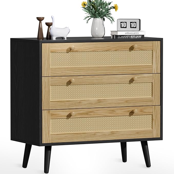 3 Drawer Rattan Dresser for Bedroom, Modern Wooden Dresser Chest with Handles for Bedroom, Hallway and Living Room, Black