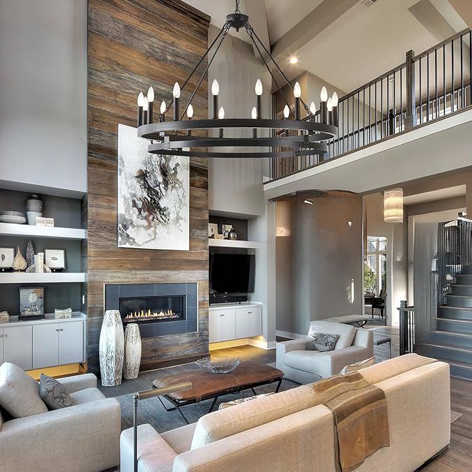 40 inch Black Wagon Wheel Chandelier,Farmhouse Industrial Country Style Round Pendant Light Fixture,Round Ceiling Light fixtures for Outdoor Porch high Ceilings Living Dining Room Foyer Entryway