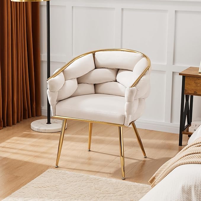 Luxury French Weave Accent Chair with Metal Legs, Mid Century Modern Lounge Chair for Living Room Bedroom Office, Industrial Chic Design Soft Cushion Sturdy Frame 350lb Capacity, White