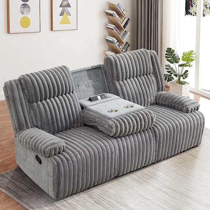 Oversized Reclining Sofa with Flip-Up Middle Backrest, Manual 3 Seater Recliner Sofa, Wall Hugger Recliner Couch with Outlets/USB Ports for Living Room, Bedroom(Gray, Sofa)