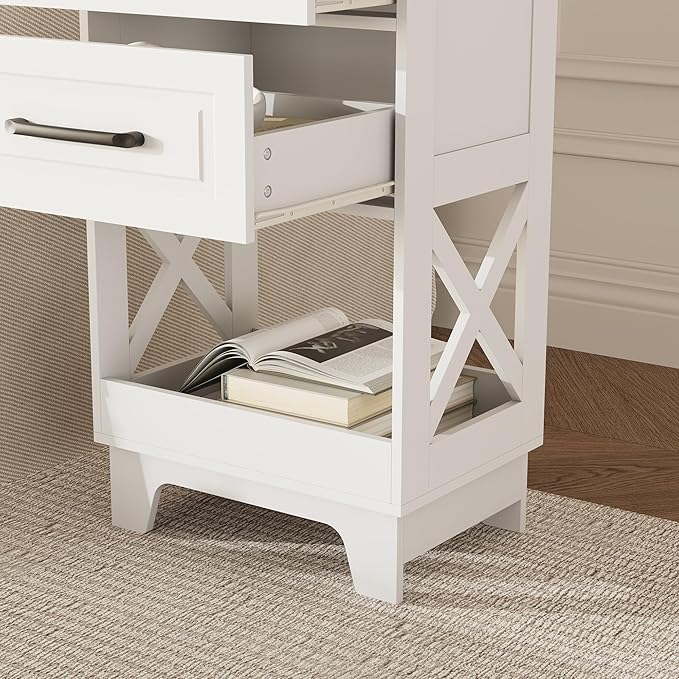 Tall Nightstand Set of 2 Side Table with 2 Drawers Modern Night Stand Wooden End Table Bedside Table with Below Open Shelf Solid Feet for Bedroom White
