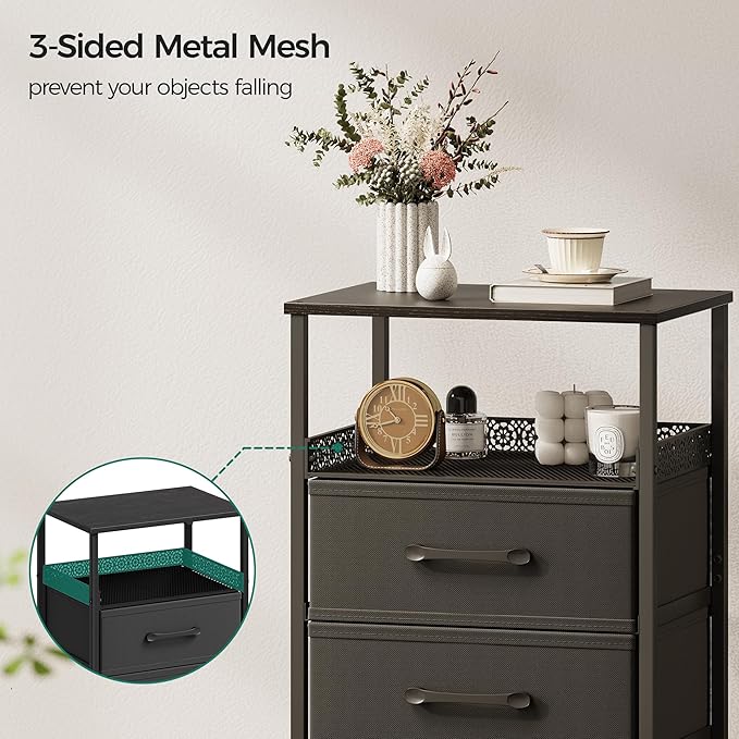Nightstand Set of 2, Night Stands with 3 Fabirc Drawers, 26.4 Inch Tall Bedside Table with Metal Shelf, Modern Side End Table Storage Furniture, Small Dresser for Bedroom, Black