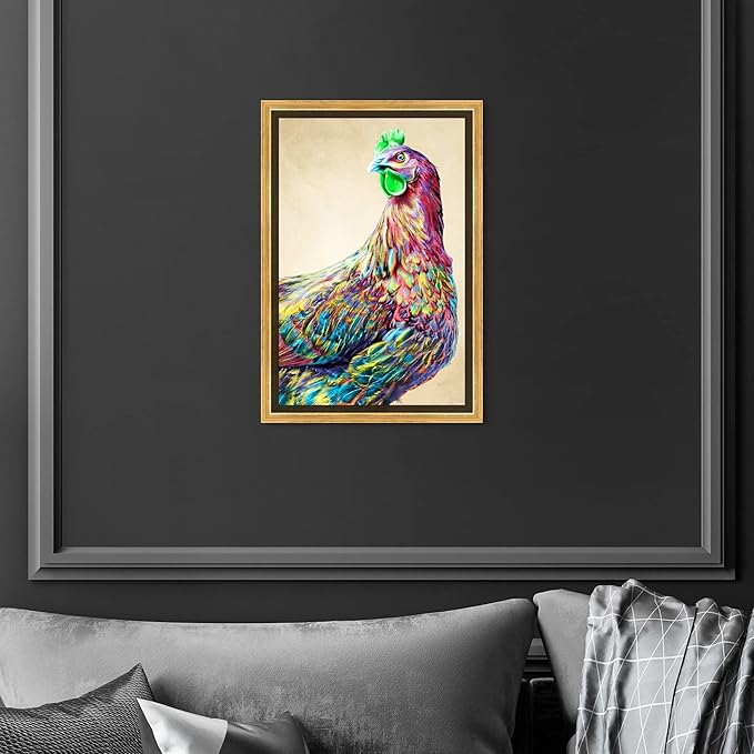 Country Farmhouse Canvas Print Painting Animal Wall Art 'Fun Colorful Glam Rooster' Gold Framed Canvas Rustic Home Décor 10x15 in Pink, Green by Oliver Gal