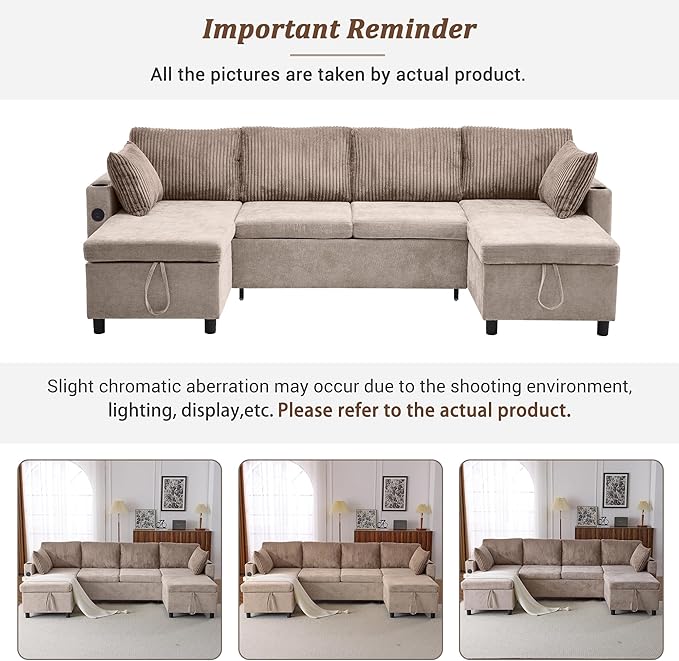 ERYE 113-Inch U-Shaped Pull Out Sleeper Couch Bed, Modern U Shaped Symmetrical Sleeper Sectional Sofa Convertible Sofa Bed with Storage Chaises & USB-C Ports for Living Room