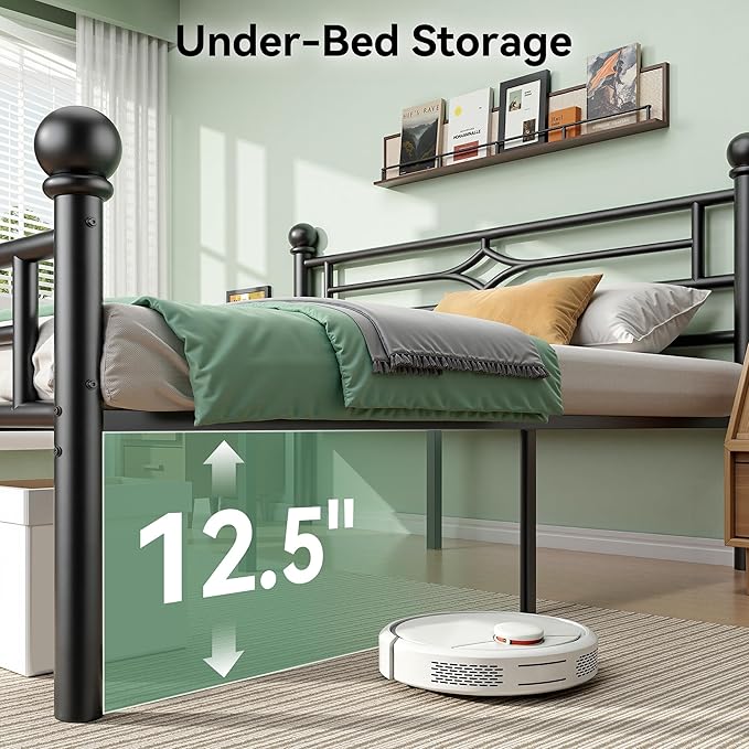 BedsPick Queen Bed Frame with Headboard and Footboard, Metal Platform Bed Frame with Round Corner Ball, 1200 LBS Heavy Duty Steel Slats Support, No Box Spring Needed/Noise-Free/Easy Assembly, Black