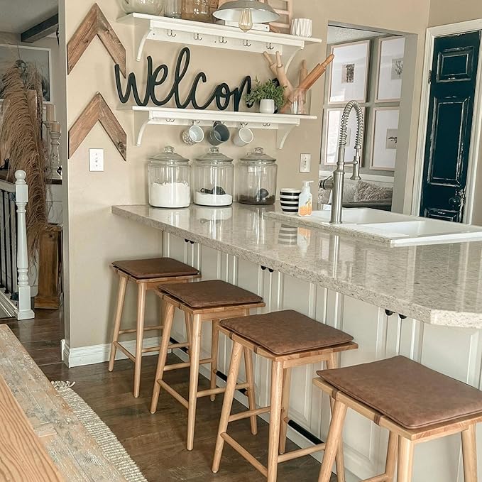 Nathan James Barker Classic Counter Height Wood Barstool with Leather Removable Cushion, Backless Island 24" Bar Stool for Kitchen, Chestnut Brown, Set of 4
