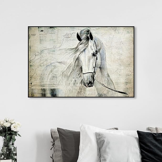 Country Farmhouse Canvas Print Painting Animal Wall Art 'Southern White Horse' Black Framed Canvas Rustic Home Décor 54x36 in Gray, Brown by Oliver Gal