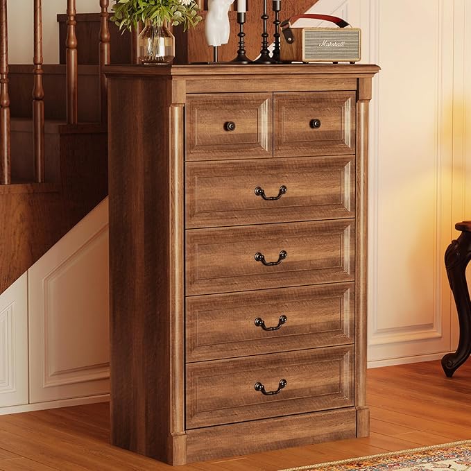 Concho Farmhouse 6 Drawers Dresser for Bedroom, Tall Wood Chest of Drawers with Spacious Storage Space, Rustic Storage Dressers Organize, TV Stand for Living Room, Bedroom, Rustic Brown
