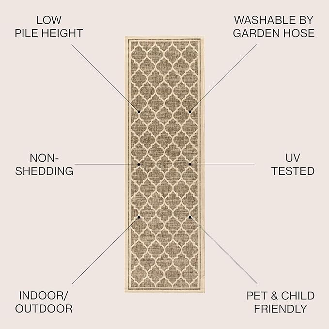 JONATHAN Y Moroccan Trellis Indoor Outdoor Runner Rug 2X20 Brown/Beige, Trebol Textured Weave for Backyard, Patio, Porch, Easy-Cleaning, High Traffic, Pet-Friendly, Non-Shedding (SMB109A-220)