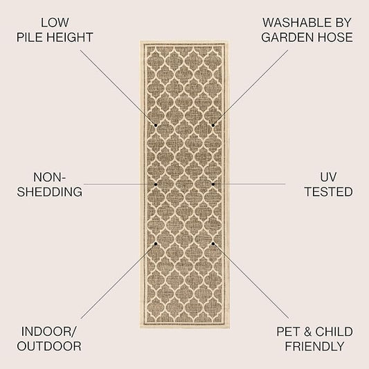 JONATHAN Y Moroccan Trellis Indoor Outdoor Runner Rug 2X20 Brown/Beige, Trebol Textured Weave for Backyard, Patio, Porch, Easy-Cleaning, High Traffic, Pet-Friendly, Non-Shedding (SMB109A-220)