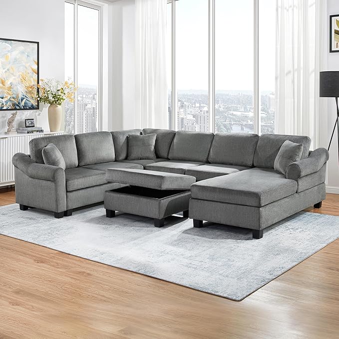 ERYE 112-Inch U-Shaped Sectional Sofa with Movable Storage Ottoman, Oversized Chenille Upholstered Corner Modular Sofa Couch W/Right Facing Chaise Lounge and 3 Toss Pillows