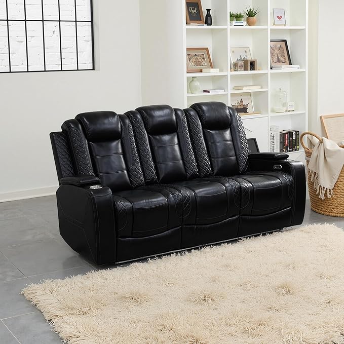 Power Recliner Sofa and Loveseat Set, 2 Piece Breathing Leather Living Room Set, Home Theater Seating Couches with LED/Cup Holders/Reading Light/Storage (Black Upgared)