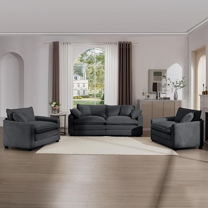 KEIKI 3-Piece Sofa Set with 1 Oversized Corduroy Loveseat Sofa & 2 Single Sofa, Upholstered 4-Seater Couch Set with 6 Pillow, High-Density Foam Cushions, Removable Armrests, for Living Room, Grey