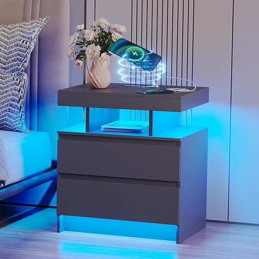 dnbss Nightstand with Charging Station and LED Light, Modern Night Stand with 2 Drawers, Smart Nightstand with USB Ports and Wireless Charger, Bedside Table for Bedroom (Grey)