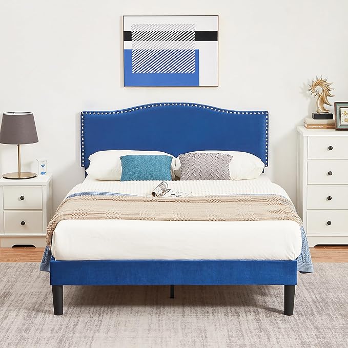VECELO Full Bed Frame, Platform Bed Frame with Adjustable Height Upholstered Headboard, Heavy-Duty Frame and Strong Wooden Slats Support, Non-Slip and Noise-Free, Easy Assembly, Dark Blue