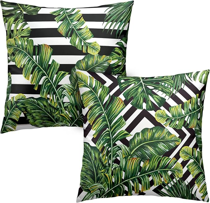 Green Palm Leaves Decorative Pillow Covers Black and White Geometric Pillowcases Summer Tropical Tree Throw Pillow Covers Patio Decor for Outdoors Car Beach 16x16 Set of 2