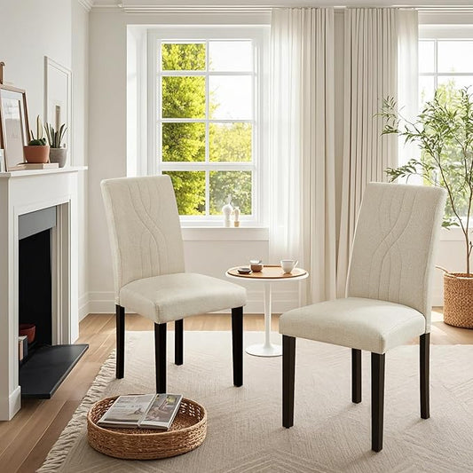 VECELO Upholstered Dining Chairs Set of 6, Modern Fabric and Solid Wood Legs & High Back for Kitchen/Living Room- Beige