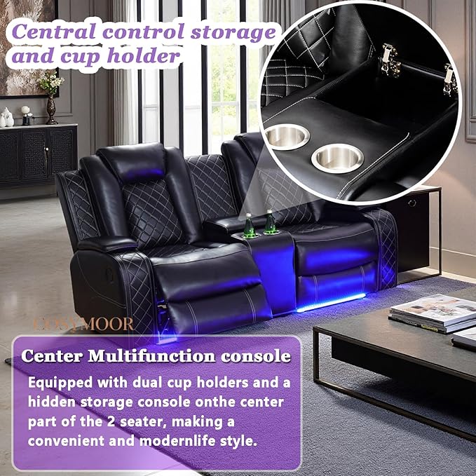 Power Breathing Leather Reclining Sofa, Power Recliner Sectional Sofa with Reading lamp/LED Light, Sectional Reclining Loveseat Couch with Hide-Away Storage for Living Room