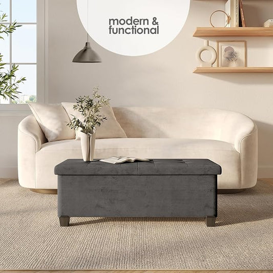 Storage Ottoman Bench with Bins, 43-in Storage Bench for Bedroom End of Bed, Folding Foot Rest Ottoman for Living Room Max 660lbs, Velvet Ottomans, Grey