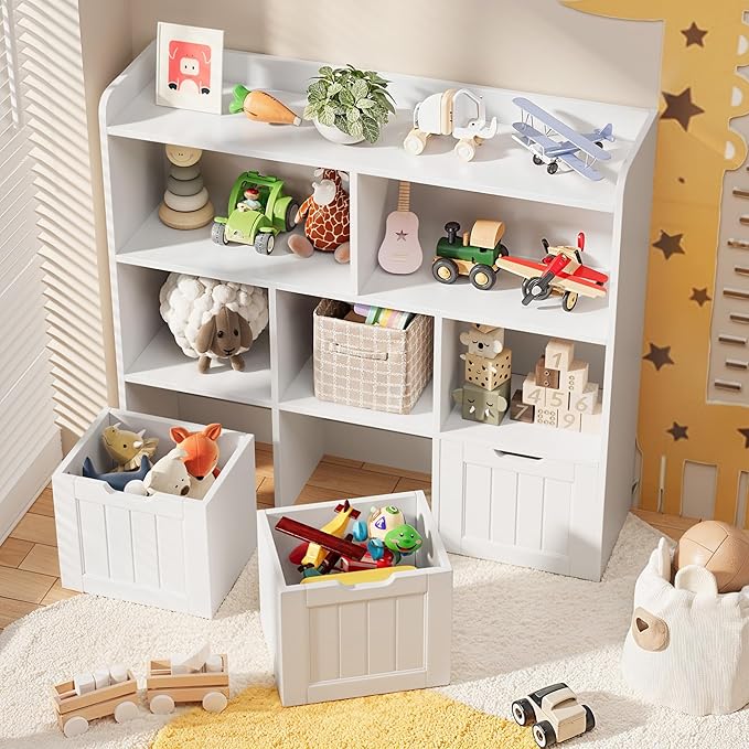 Gizoon Toy Storage Cabinet and Kids Bookcase with 3 Movable Drawers and 6 Open Shelves Featuring Fall Prevention Barrier for Playroom Nursery Kids Room Organization, White
