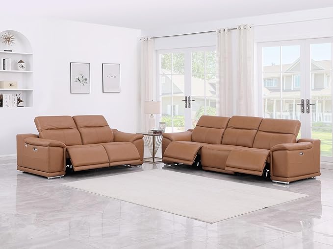 Blackjack Furniture Venice Top Grain Italian Leather Recliner 5 Seater 4 Power Reclining Seater 2 Piece Sofa Set with Adjustable Headrests Modern Seating Sofa and Loveseat for Living Room , Cognac