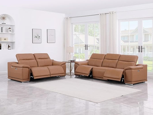 Blackjack Furniture Venice Top Grain Italian Leather Recliner 5 Seater 4 Power Reclining Seater 2 Piece Sofa Set with Adjustable Headrests Modern Seating Sofa and Loveseat for Living Room , Cognac