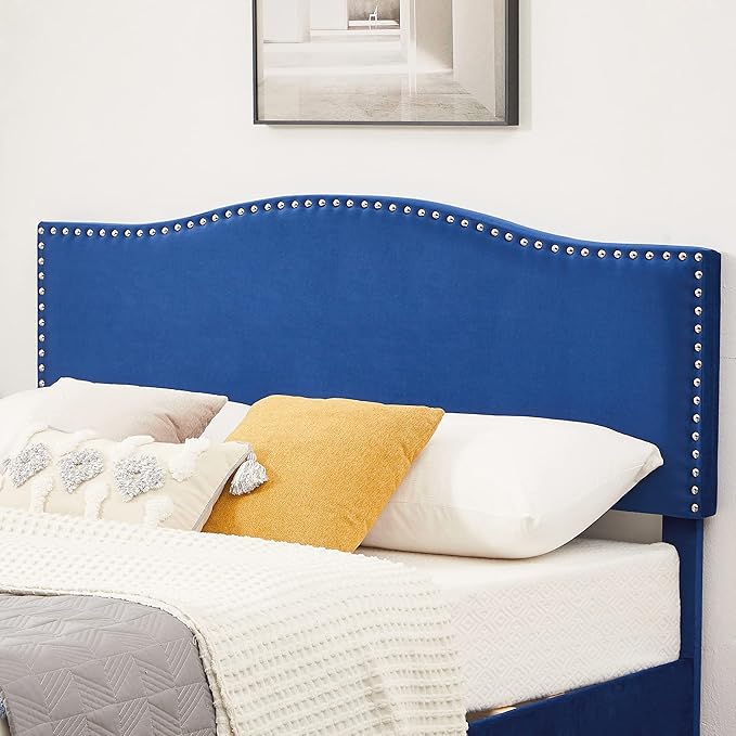 VECELO Full Bed Frame, Platform Bed Frame with Adjustable Height Upholstered Headboard, Heavy-Duty Frame and Strong Wooden Slats Support, Non-Slip and Noise-Free, Easy Assembly, Dark Blue