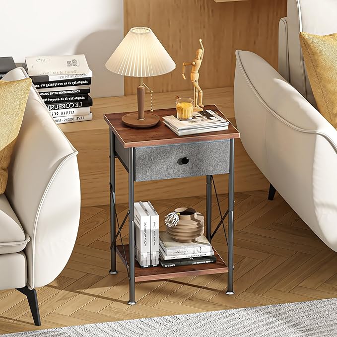 VECELO End Tables, Modern Nightstands with Fabric Drawer & Open Shelf, Side Table for Bedroom Living Room, Industrial Metal Frame, Easy Assembly, Rustic Brown,1 Pack