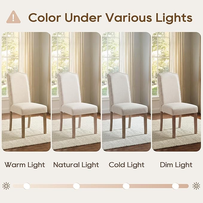 Upholstered Dining Chair Modern Stylish Parsons Kitchen Diner High Back with Silver Nailhead Trim & Wood Legs, Set of 4, Fabric Beige