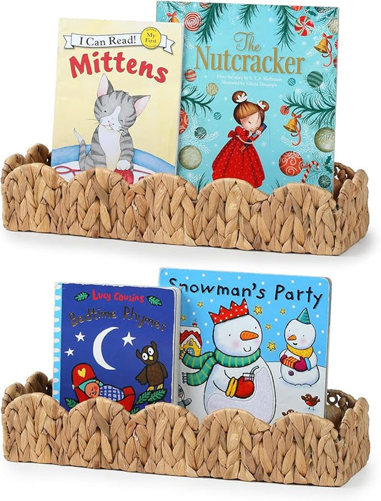 2 Pack Nursery Book Shelves, Scalloped Water Hyacinth Book Shelf for Kids Rooms, Handwoven Floating Book Shelves for Wall, 15.8” Wicker Hanging Bookshelf for Books, Toys, Photo Frames, Nursery decor