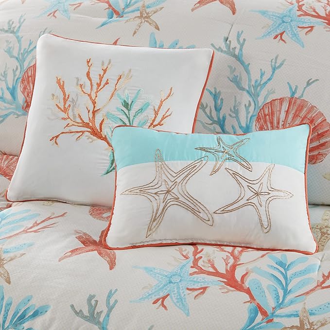 Madison Park 100% Cotton Comforter Set - Coastal Coral, Starfish Design All Season Down Alternative Cozy Bedding with Matching Shams, Decorative Pillow, King(104"x92"), Teal 7 Piece