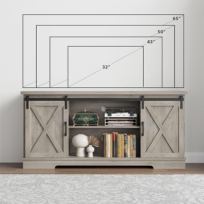 GarveeHome Farmhouse Tv Stand for 65 in TVs, Entertainment Center with Sliding Barn Doors and Adjustable Shelf, Modern Media TV Console TV Stand Table for Living Room, Bedroom, Grey
