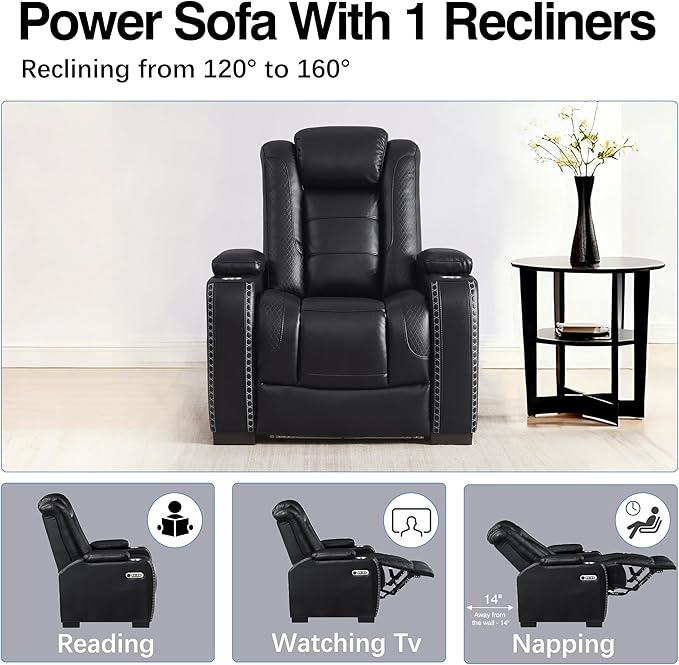 THSUPER Brown Leather Power Theater Recliner Chair with Arm Storage and LED Lights, Reclining with Power Headrest and Cup Holders for Living Room Furniture. Black Chair