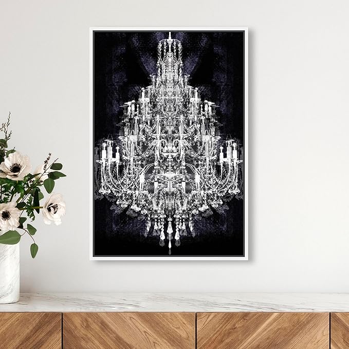 The Oliver Gal Artist Co. Fashion and Glam Framed Wall Art Canvas Prints 'Montecarlo Crystal' Chandeliers Home Décor, 16" x 24", White, Black