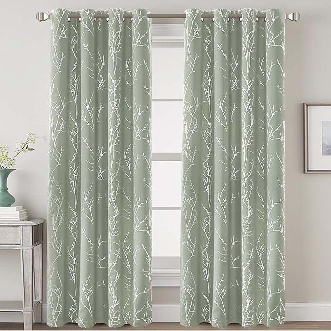 H.VERSAILTEX Blackout Curtains for Bedroom Foil Print Twig Tree Branch Thermal Insulated Grommet Curtain Drapes Light Blocking Thick Soft Window Curtains for Living 52 x 84 Inch, 2 Panels, Sage