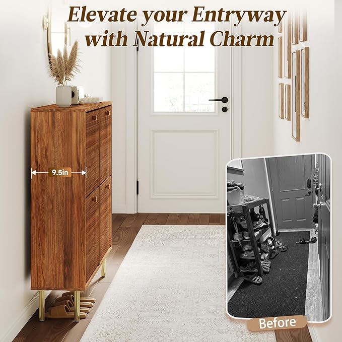 Nicetree Shoe Storage Cabinet for Entryway - 4 Flip Drawers Shoe Cabinet with Tiered Fluted Design - Slim Shoe Storage Rack with Gold Legs - Narrow Shoe Cabinet Hidden Shoe Organizer for Small Spaces