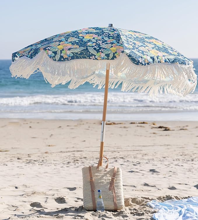 AMMSUN Beach Umbrella with Fringe, 6.5ft Boho Umbrella with Premium Wood Pole & Carry Bag, UPF 50+ Protection for Outdoor Holiday, Flowers
