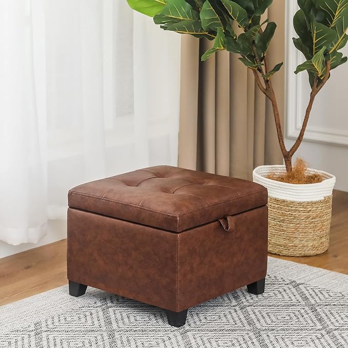 Adeco Faux Leather Storage Ottoman, 17.5" Square Cube Foot Stool with Hinged Lid & Wood Legs, Upholstered Button Tufted Footrest for Living Room, Bedroom Entryway, Reddish Brown