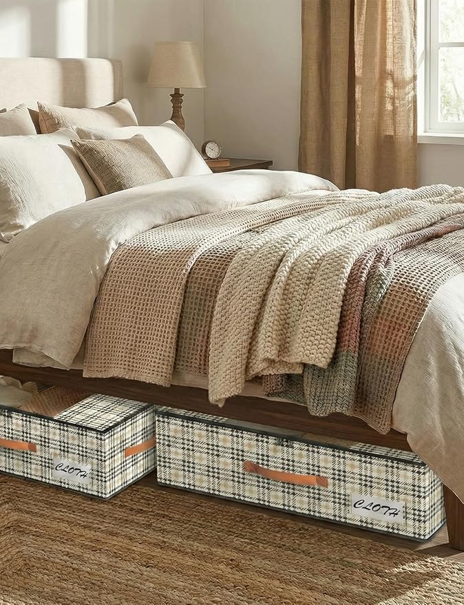 2-Pack Under Bed Storage Bins with Wheels and 4 Vacuum Seal Bags, Heavy Duty 80lbs Capacity,7.9 Inch Clear Lid Organizer for Dorm Bedroom Clothes Shoes Toys,Quick Assembly Space Saver Houndstooth