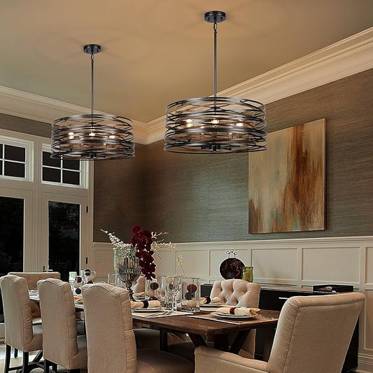 5-Light Drum Chandelier for Dining Room，19.7" Rustic Farmhouse Dining Room Light Fixture，Wood Grain and Vintage Black Metal Chandeliers for Kitchen Entryway Living Room