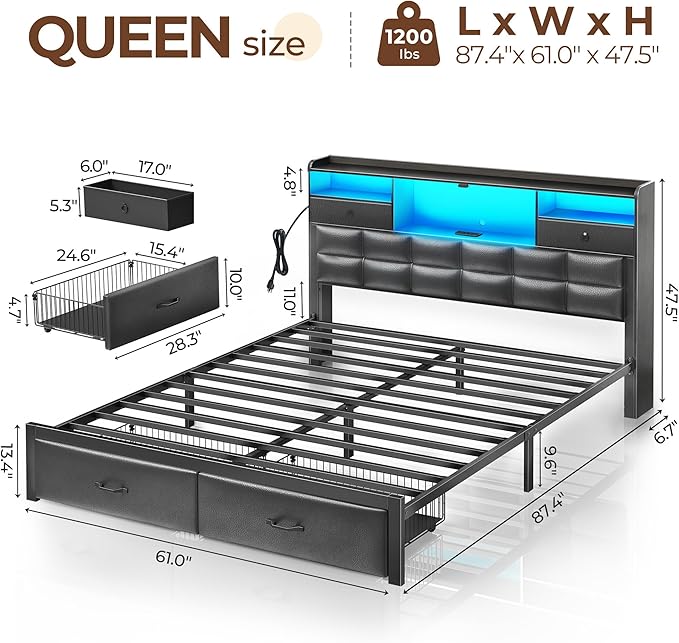 Rolanstar Bed Frame Queen Size with Drawers and Charging Station, Upholstered Platform Bed with Storage Headboard and LED Light, Heavy Duty Metal Frame Support, No Box Spring Needed, Noise Free, Black