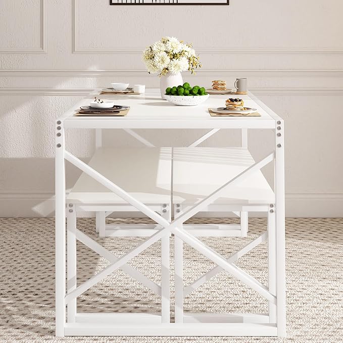 VECELO 55" Kitchen Dining Table Set for 4-6, Wood Dinette 2 Benches with Metal Frame for Dinner Breakfast Nook and Small Space, White