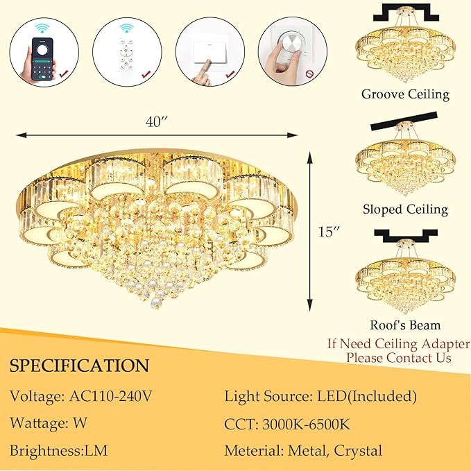 39.4'' Gold Modern Crystal Chandeliers for Dining Room LED Dimmable Light Fixtures Flush Mount Light Living Room Bedrooms