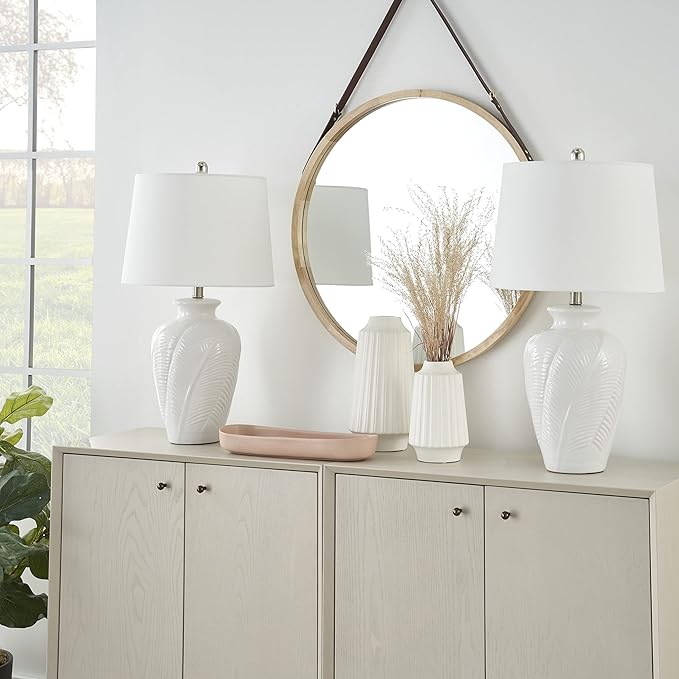 Nourison Home 26" White Glossy Feather Engraved Coastal Farmhouse Table Lamp for Bedroom, Living Room, Dining Entryway