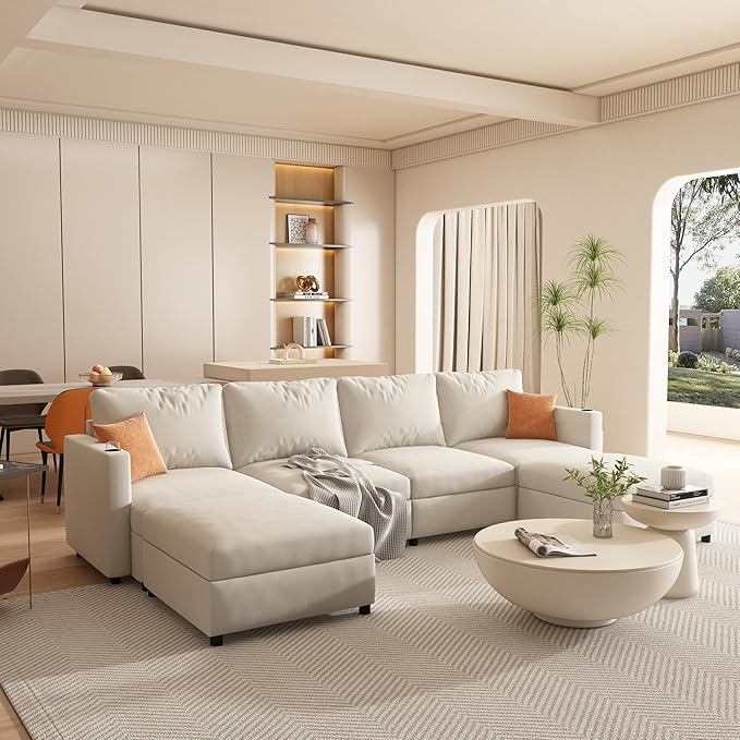 Ball & Cast 123" Large Sleeper Sectional Sofa Bed with Full Storage Seats,Corner Spacious Cloud Sofa W/Ottoman,Flexible Combination,Oversize 6 Piece Cozy Modular Chaise for LivingRoom,White Chenille