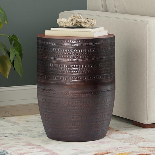 SIMPLIHOME Johnsen Metal Table - 15 inch Wide Solid Iron Drum Accent Table in Oil Rubbed Bronze with Tribal Pattern, Round Boho End Table for Living Room, Bedroom, or Home Office, Fully Assembled