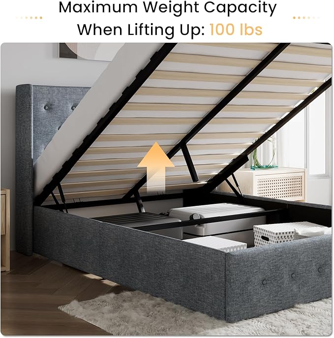 SHA CERLIN Full Size Lift Up Storage Bed Frame,Button Tufted Wingback Headboard,Upholstered Platform,Hydraulic Storage,Wooden Slat Support,No Box Spring,Grey Blue