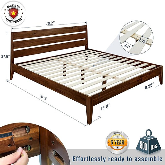 Acacia Emery Bed Frame with Headboard Solid Wood Platform Bed, King Size Bed Frame, Mid - Century Modern Wood Bed Compatible with All Mattresses, Easy Assembly, Non-Slip (Chocolate, King)